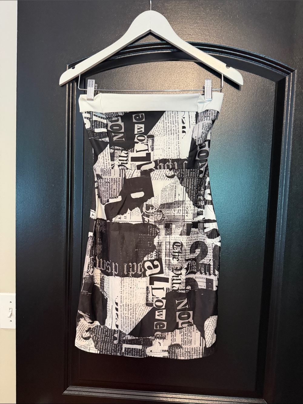 PrettyLittleThing Black & White Newspaper Print Strapless Mini Dress